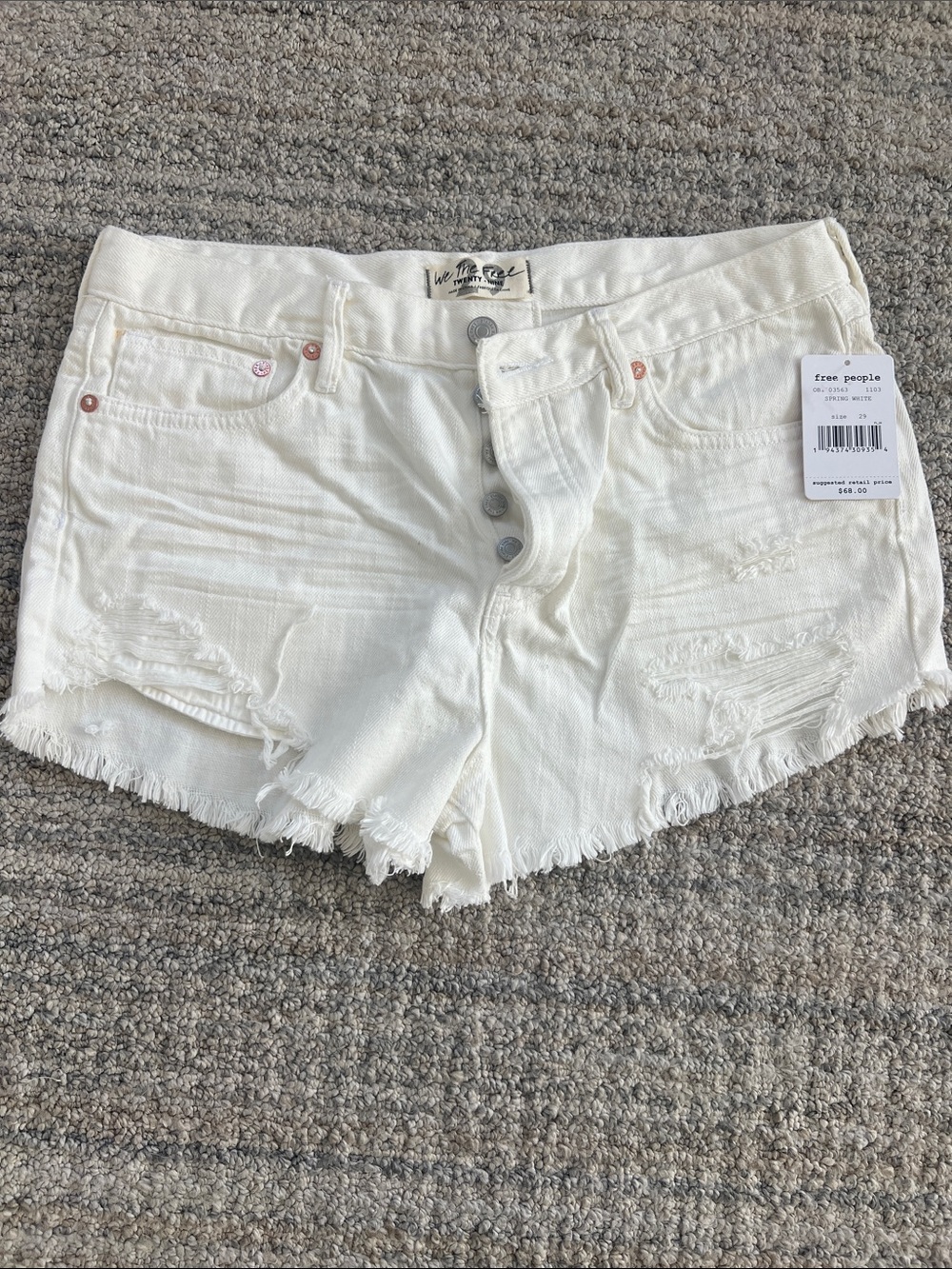 Free People Off-White Distressed Button-Front Denim Shorts